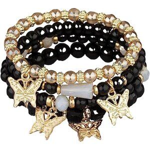 👑Women's Black Set of 4 Cute Butterfly Charm Bohemian Jewelry Bracelets Set